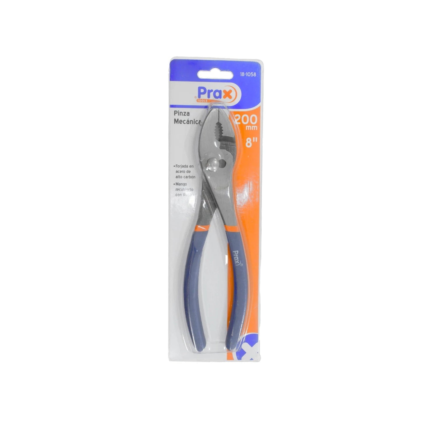 Pinza mecánica Prax 8 pulgadas (200mm) con mango azul y naranja, forjada en acero de alto carbono