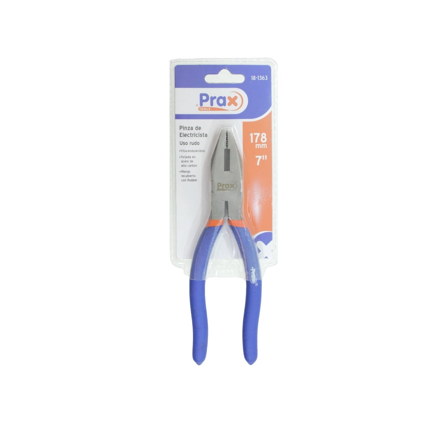 Pinza de electricista Prax 7 pulgadas, acero alto carbono, mango de goma azul para uso rudo, modelo 18-1363