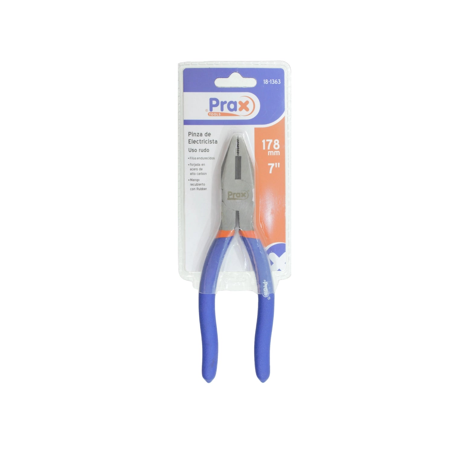 Pinza de electricista Prax 7 pulgadas, acero alto carbono, mango de goma azul para uso rudo, modelo 18-1363