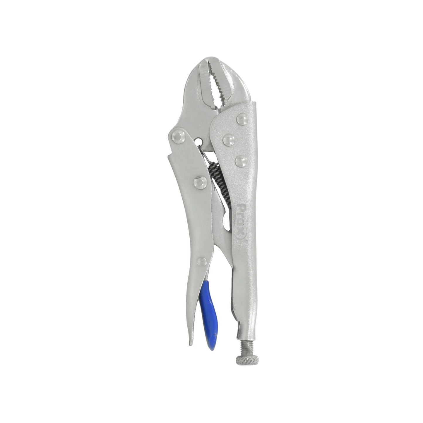 Pinza de presión Prax recta 7", acabado metálico, mandíbulas dentadas para agarre firme, palanca de liberación azul.