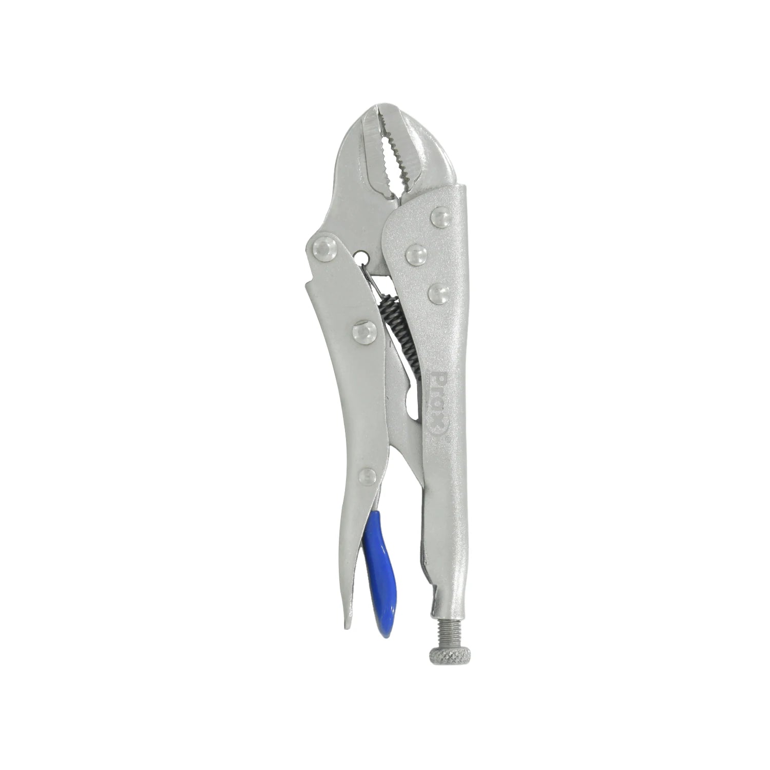 Pinza de presión Prax recta 7", acabado metálico, mandíbulas dentadas para agarre firme, palanca de liberación azul.