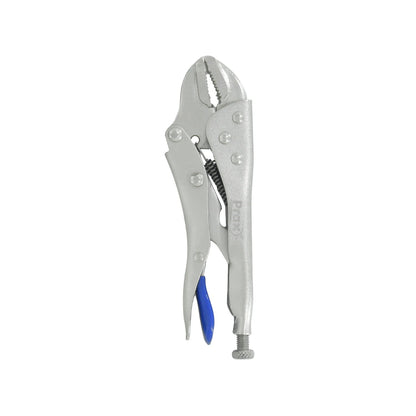 Pinza de presión Prax recta 7", acabado metálico, mandíbulas dentadas para agarre firme, palanca de liberación azul.