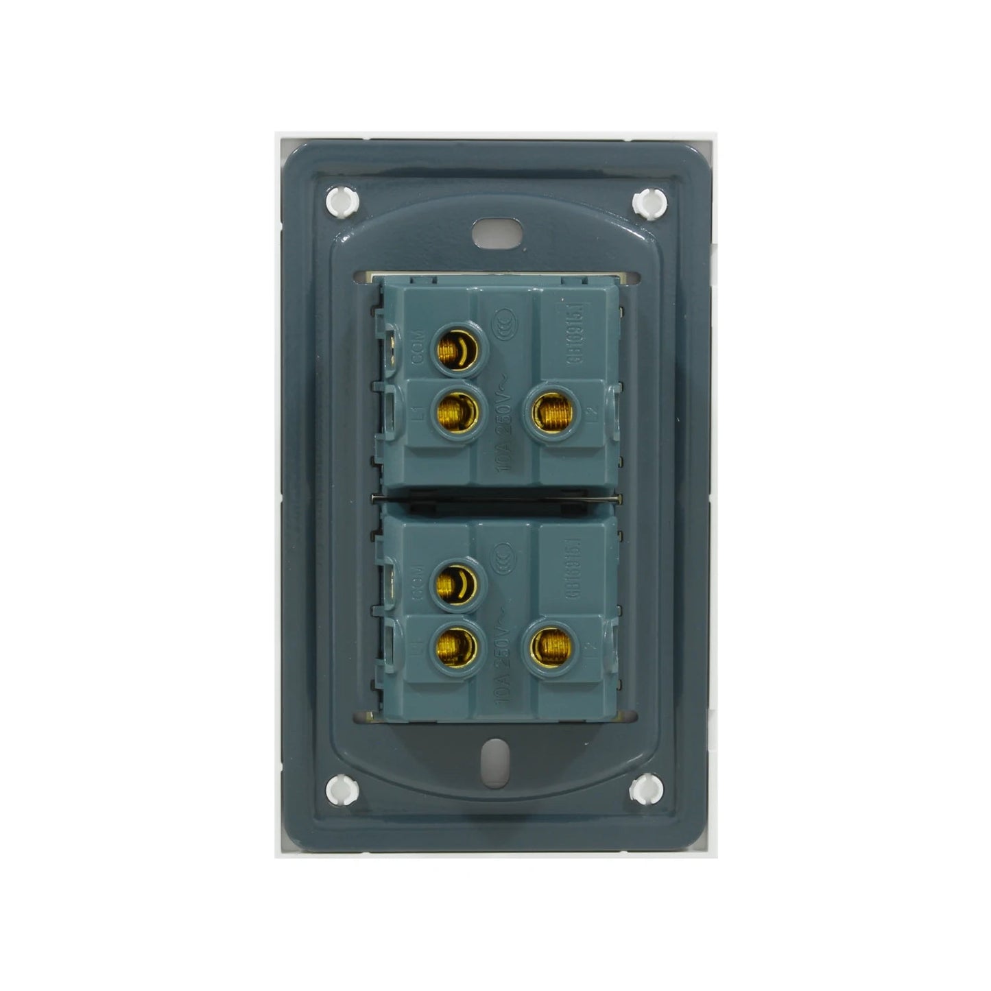 Mecanismo interruptor eléctrico doble gris 10A 250V. Vista trasera con bornes de conexión para cableado eléctrico de pared.