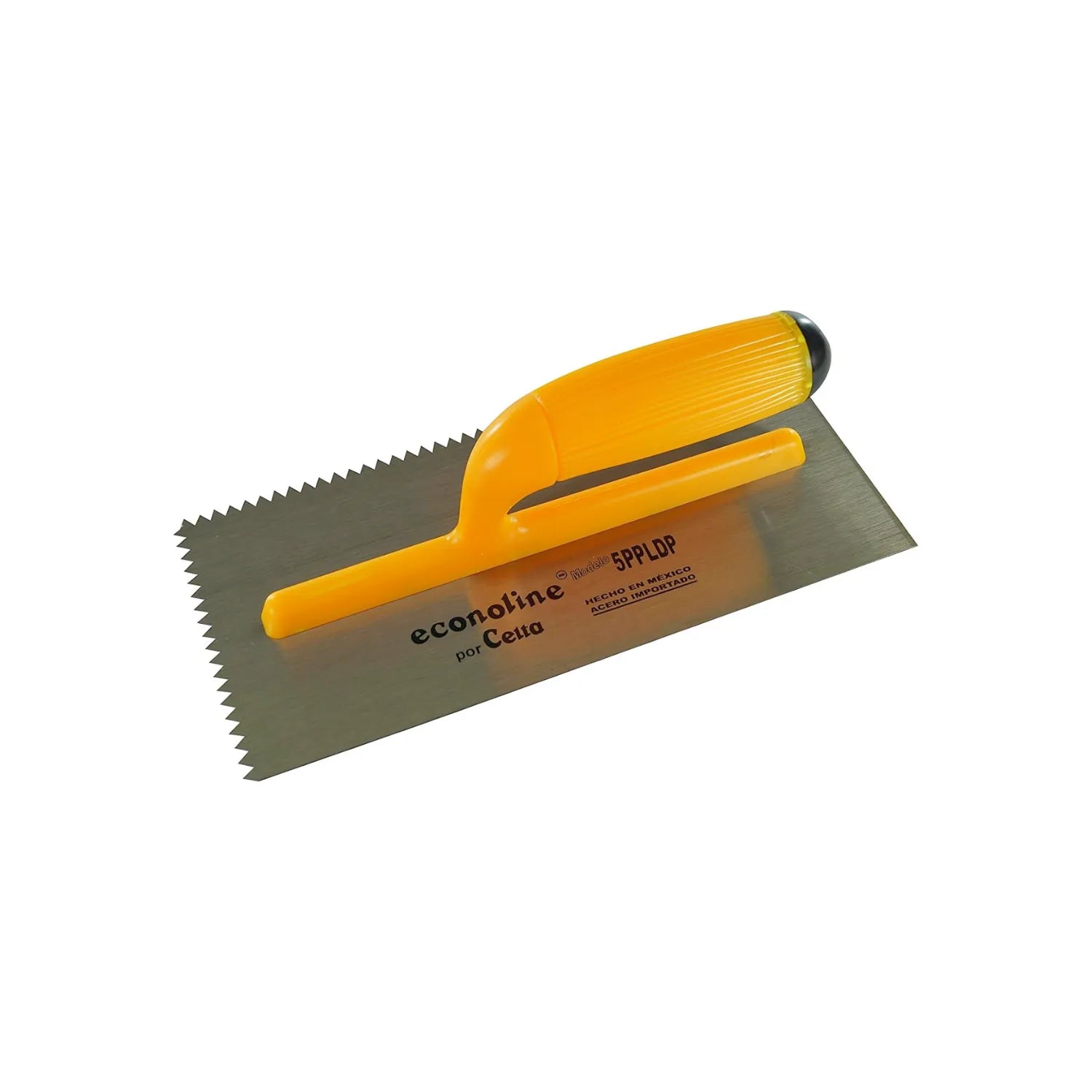 Llana dentada de acero econoline con mango amarillo, ideal para aplicar adhesivo y mortero