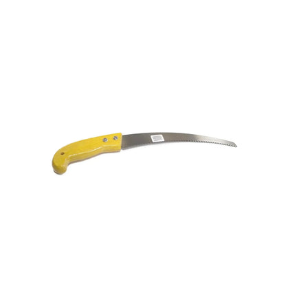 Serrucho de poda curvo con hoja dentada de acero y mango ergonómico color amarillo para jardinería
