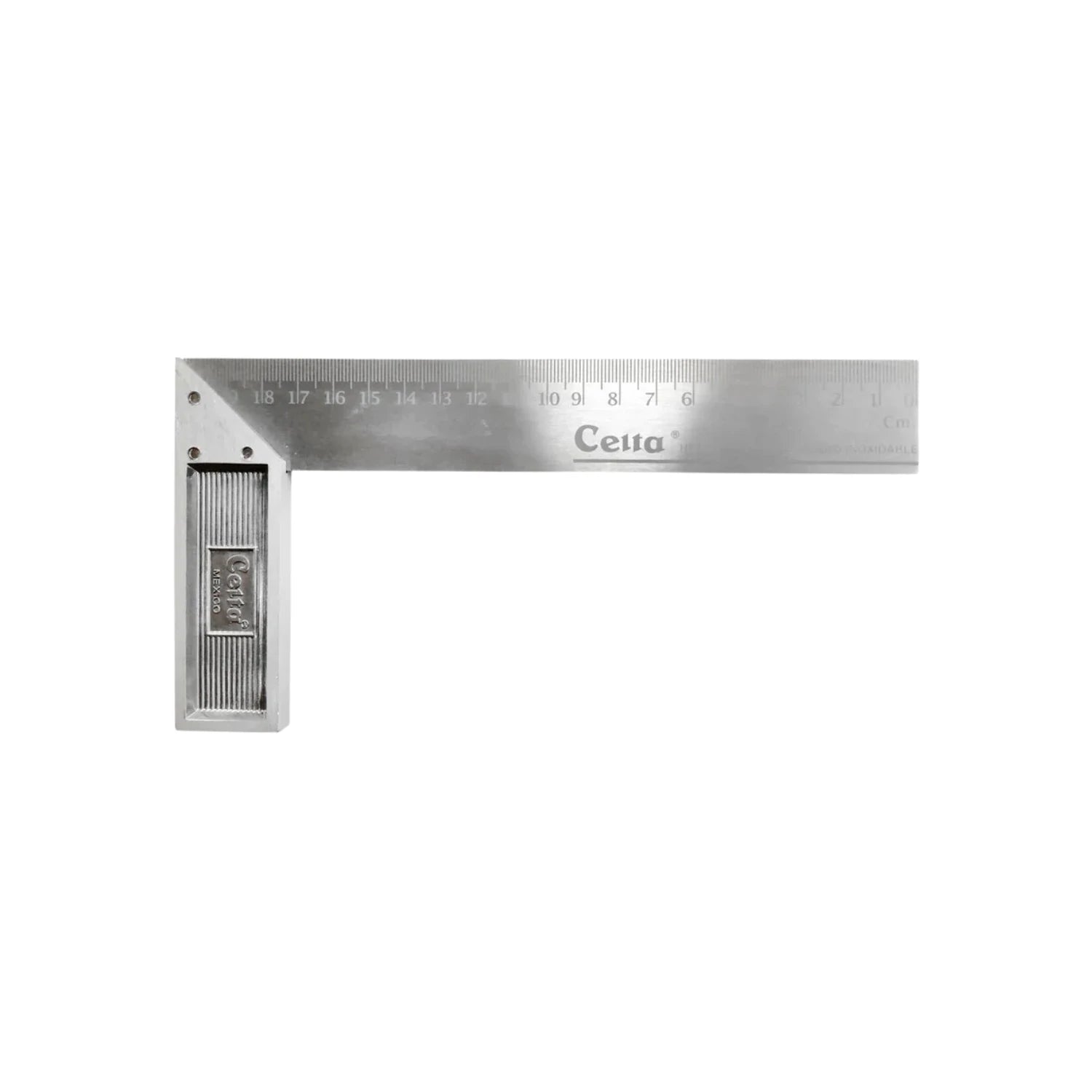 Escuadra de ferretería Celta de acero inoxidable con medidas en centímetros para trazo y medición precisa.