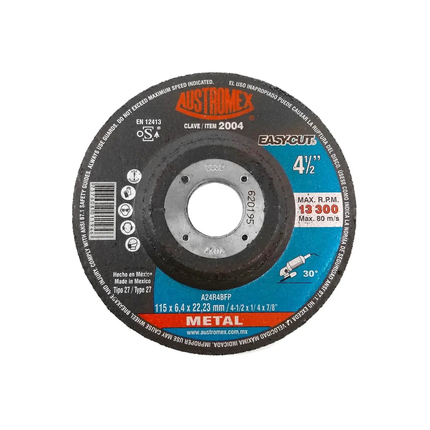 Disco de desbaste Austromex 4-1/2 pulgadas para metal, tipo 27, espesor 1/4 pulgada, para esmeriladora angular, 13300 RPM.
