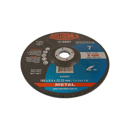 Disco de desbaste Austromex EasyCut 7 pulgadas para metal, 180x6.4mm, 8500 RPM, uso con amoladora