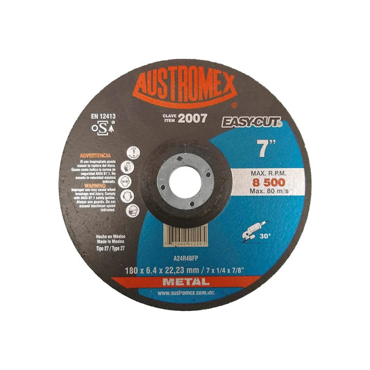 Disco desbaste metal Austromex 7" (180x6.4mm), abrasivo tipo 27, MAX 8500 RPM