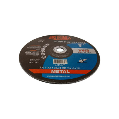 Disco de corte Austromex 9 pulgadas para metal, modelo 2010 EASYCUT, 230x3.2mm, uso en amoladora.