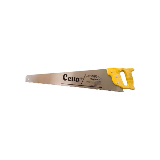 Serrote Celta Caiman 26" con hoja de acero y mango de madera amarillo, para cortes precisos en carpintería