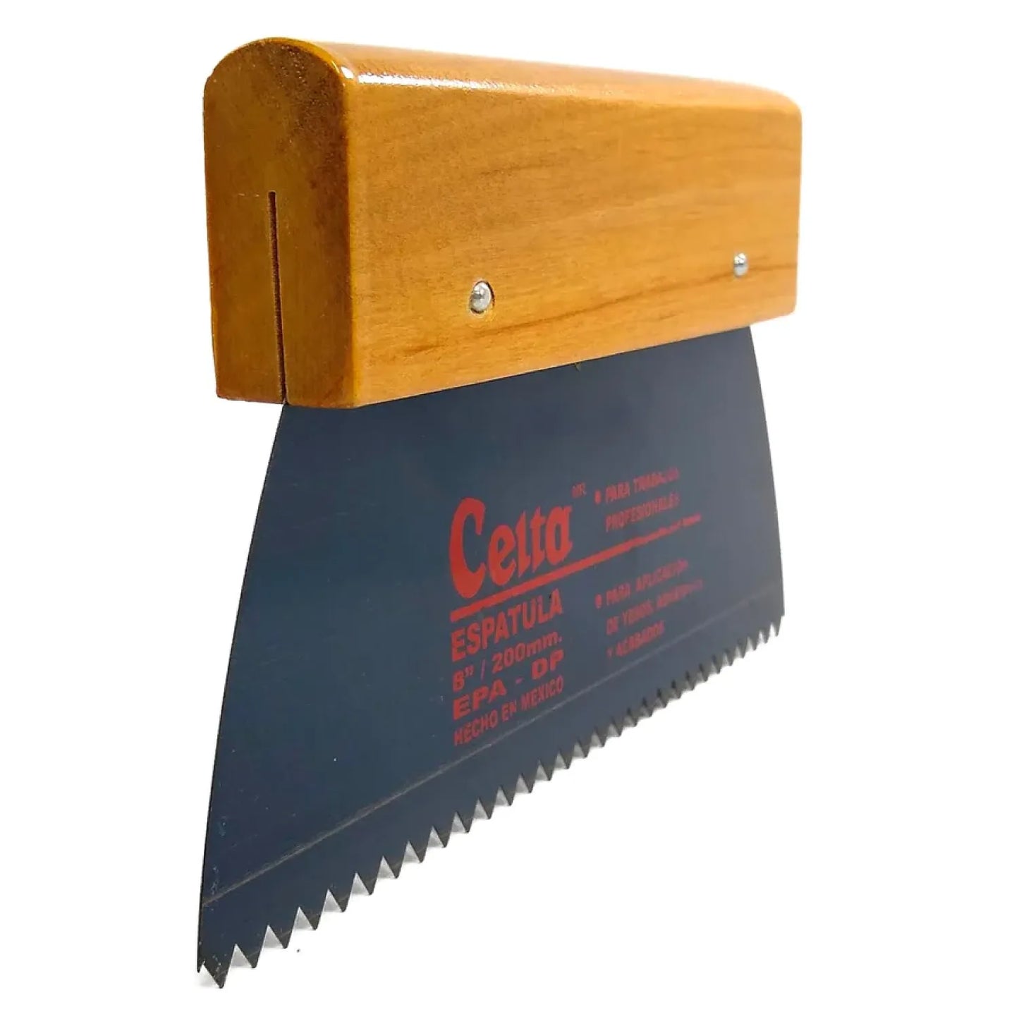 Espátula dentada Celta profesional 200mm con mango de madera para aplicación de adhesivos de pisos y azulejos.