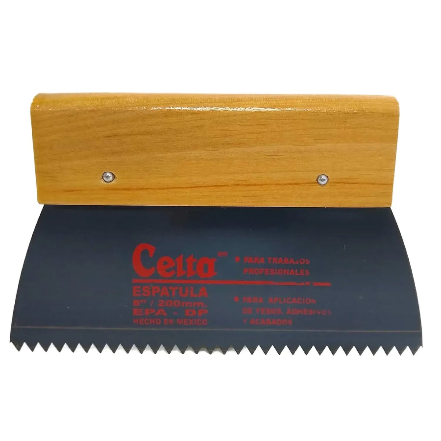 Espátula dentada Celta 8" (200mm) con mango de madera para adhesivos, yeso y acabados profesionales.