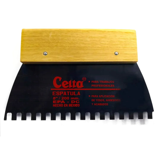 Espátula dentada Celta negra de 8"/200mm con mango de madera para aplicación de yesos y adhesivos profesional