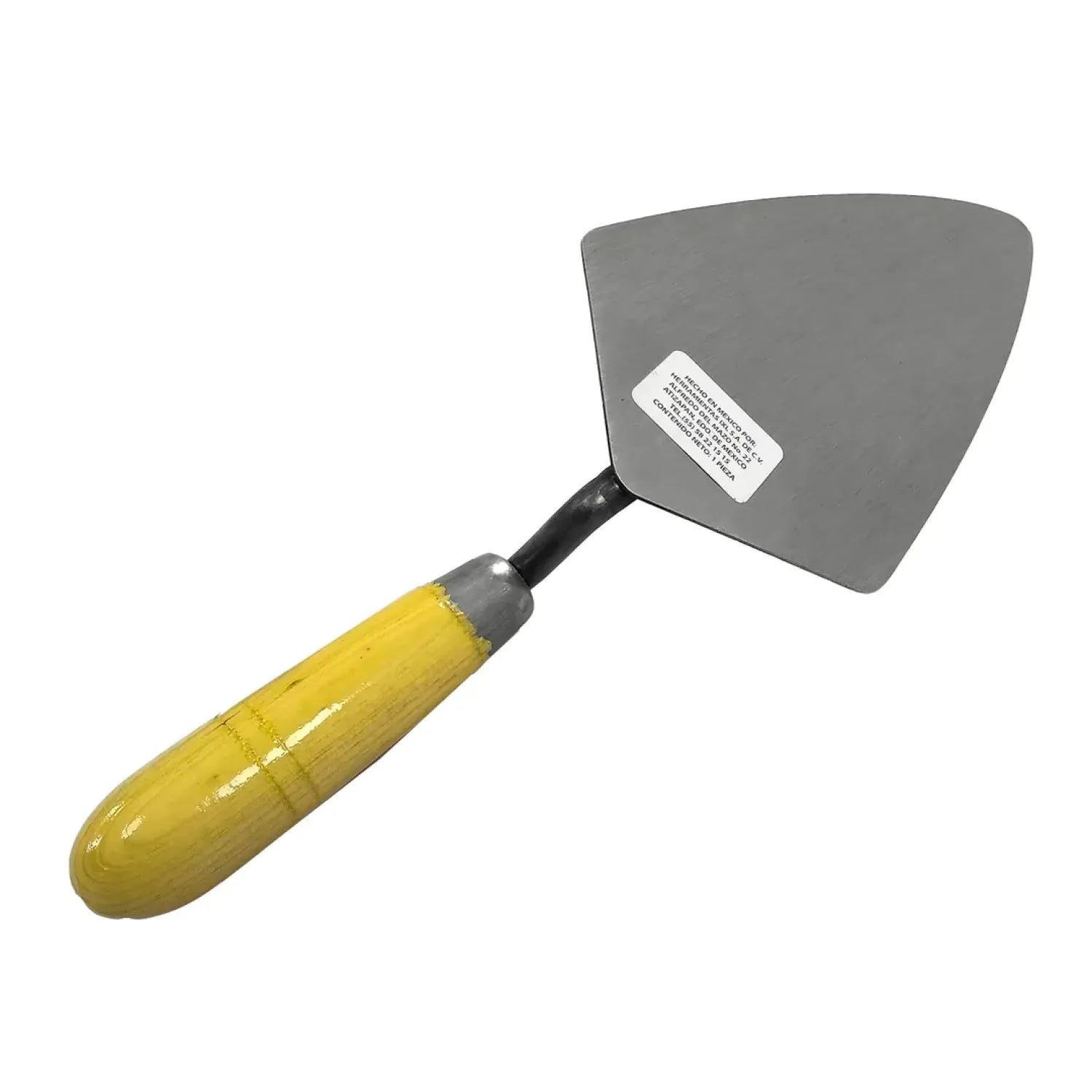 Paleta de albañil con mango de madera amarillo, hoja de metal gris para aplicar mortero y cemento en construcción.