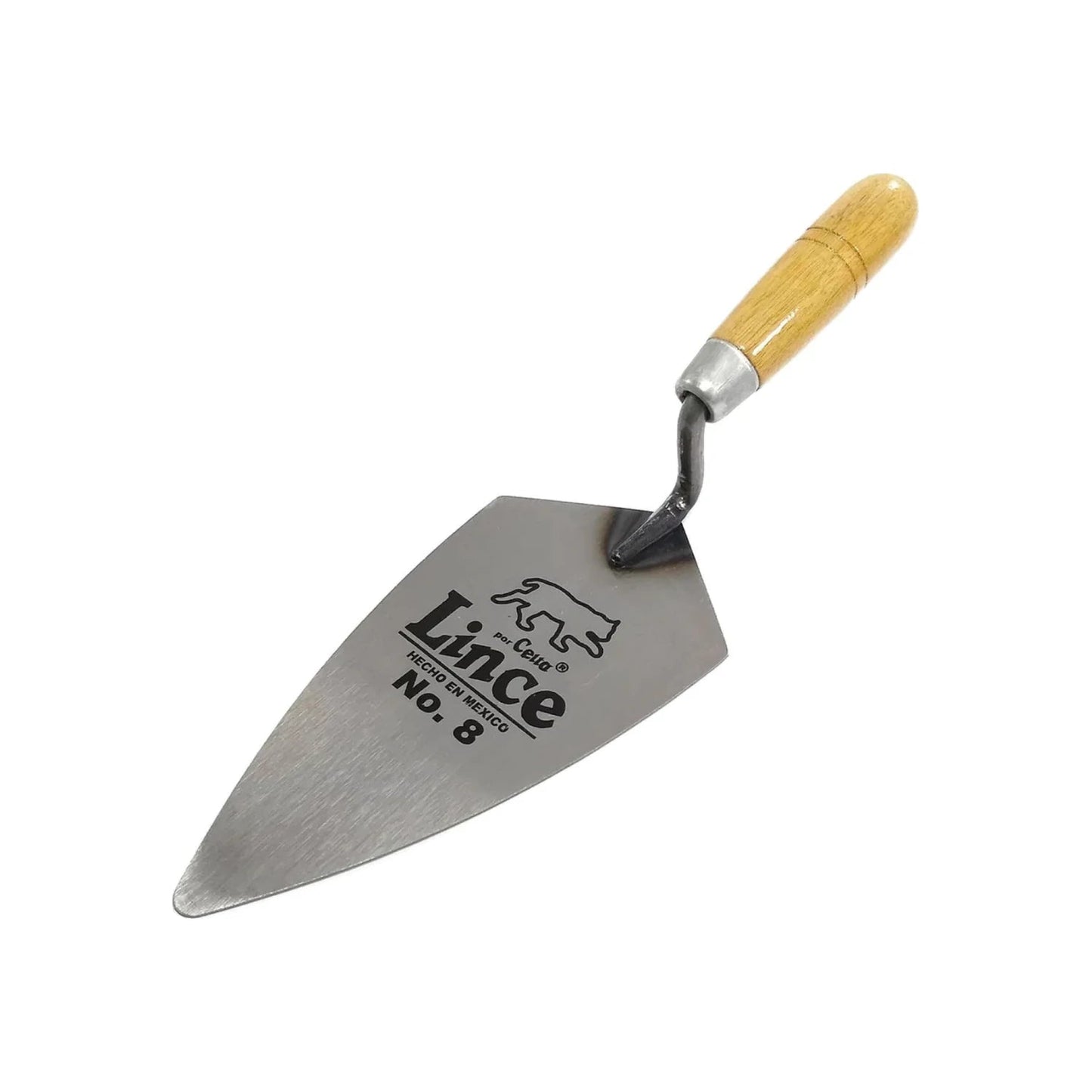 Cuchara de albañil Lince No. 8 de acero, mango de madera, herramienta robusta para construcción.