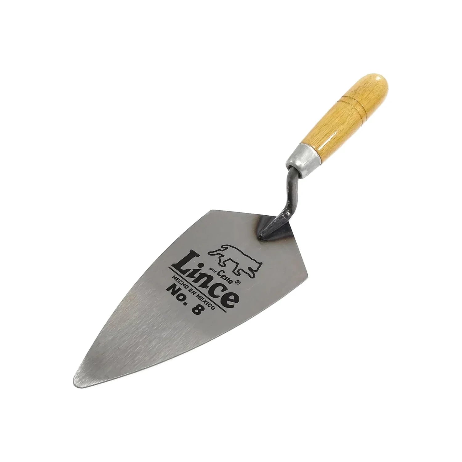 Cuchara de albañil Lince No. 8 de acero, mango de madera, herramienta robusta para construcción.