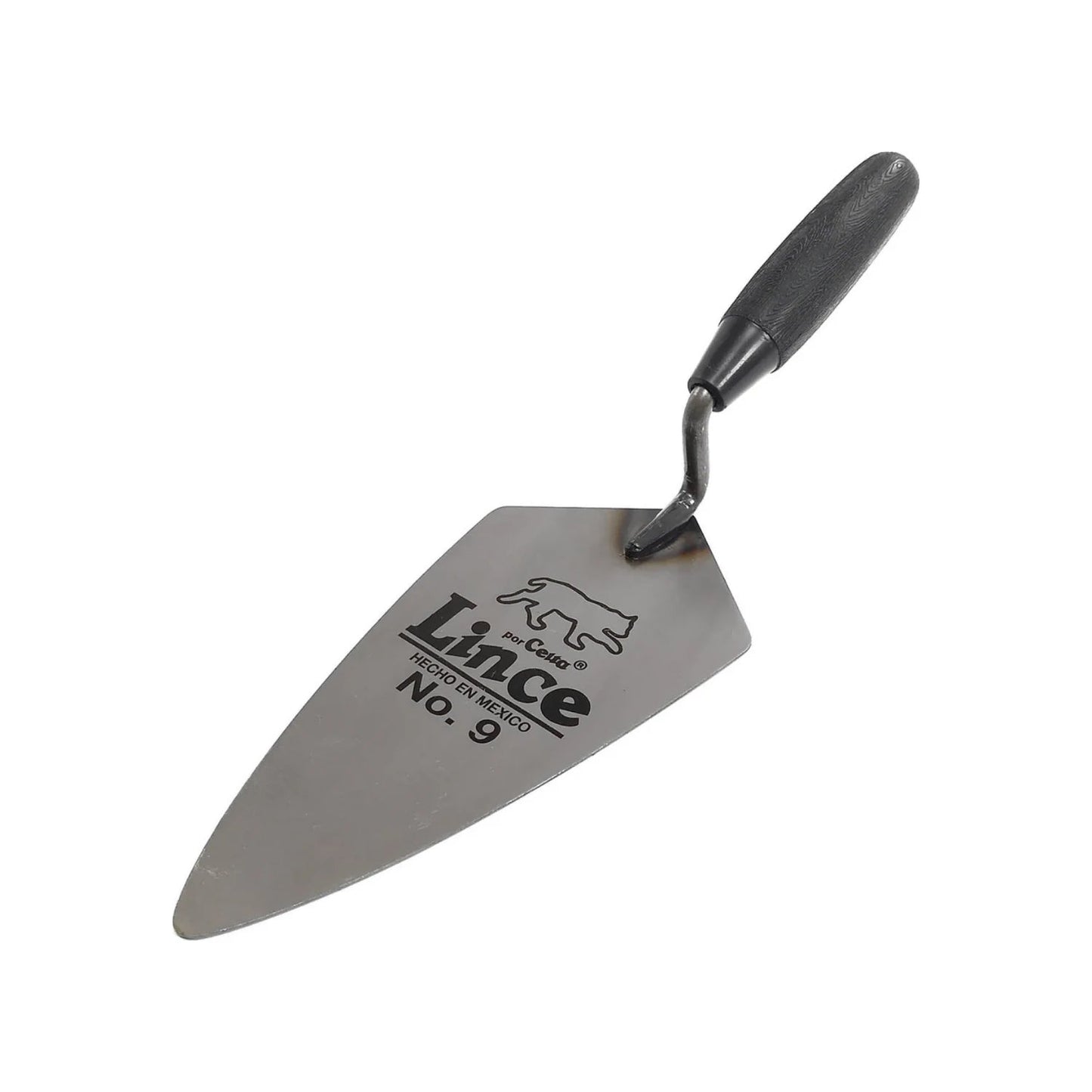 Cuchara de albañil Lince No. 9, punta de acero afilada y mango ergonómico de plástico negro