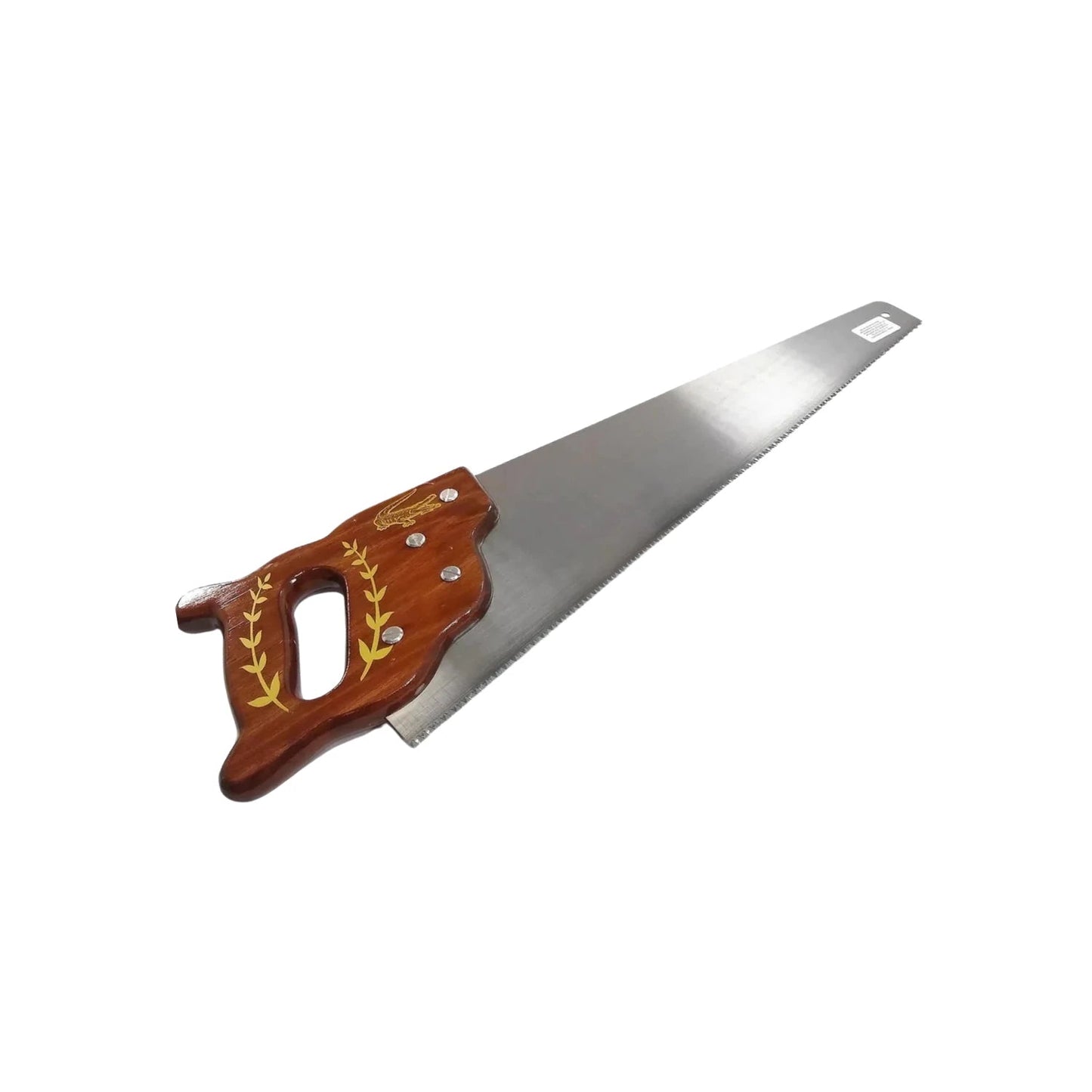 Serrote de mano con mango de madera caoba, hoja de acero dentada y logo de caimán para carpintería