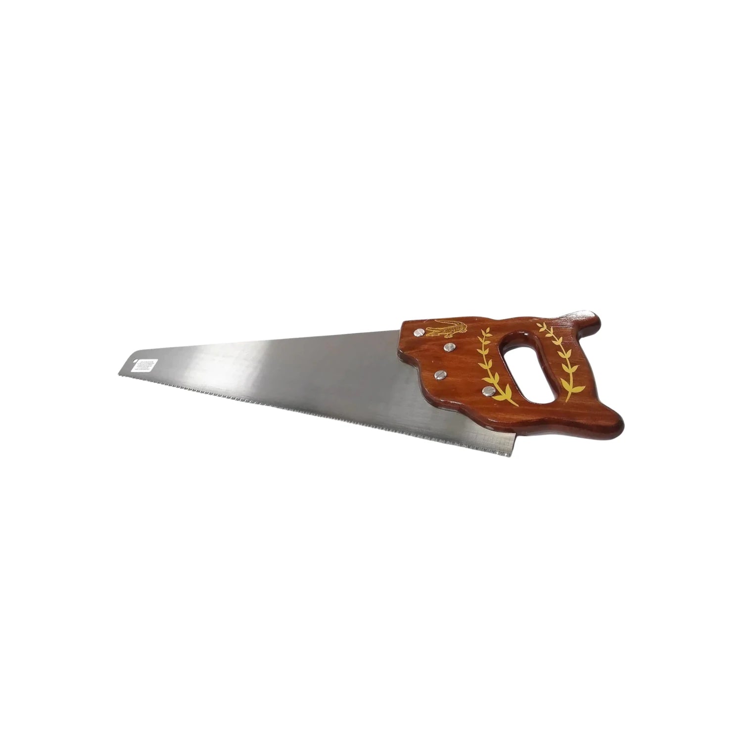 Serrote de mano para madera, mango de madera con logo de caimán dorado y diseño de hojas.