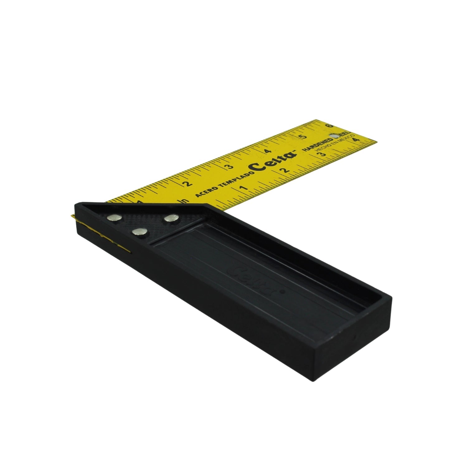 Escuadra Celta 6 pulgadas con hoja de acero templado amarilla y mango de plástico negro. Herramienta de medición para carpintería.