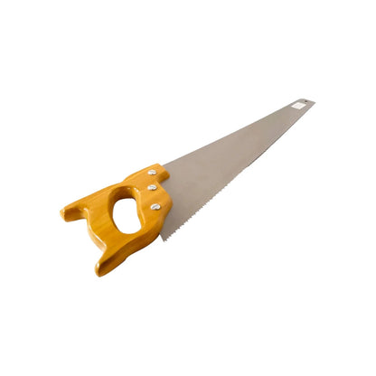 Serrote profesional para madera con hoja de acero dentada y mango ergonómico de madera barnizada amarilla.
