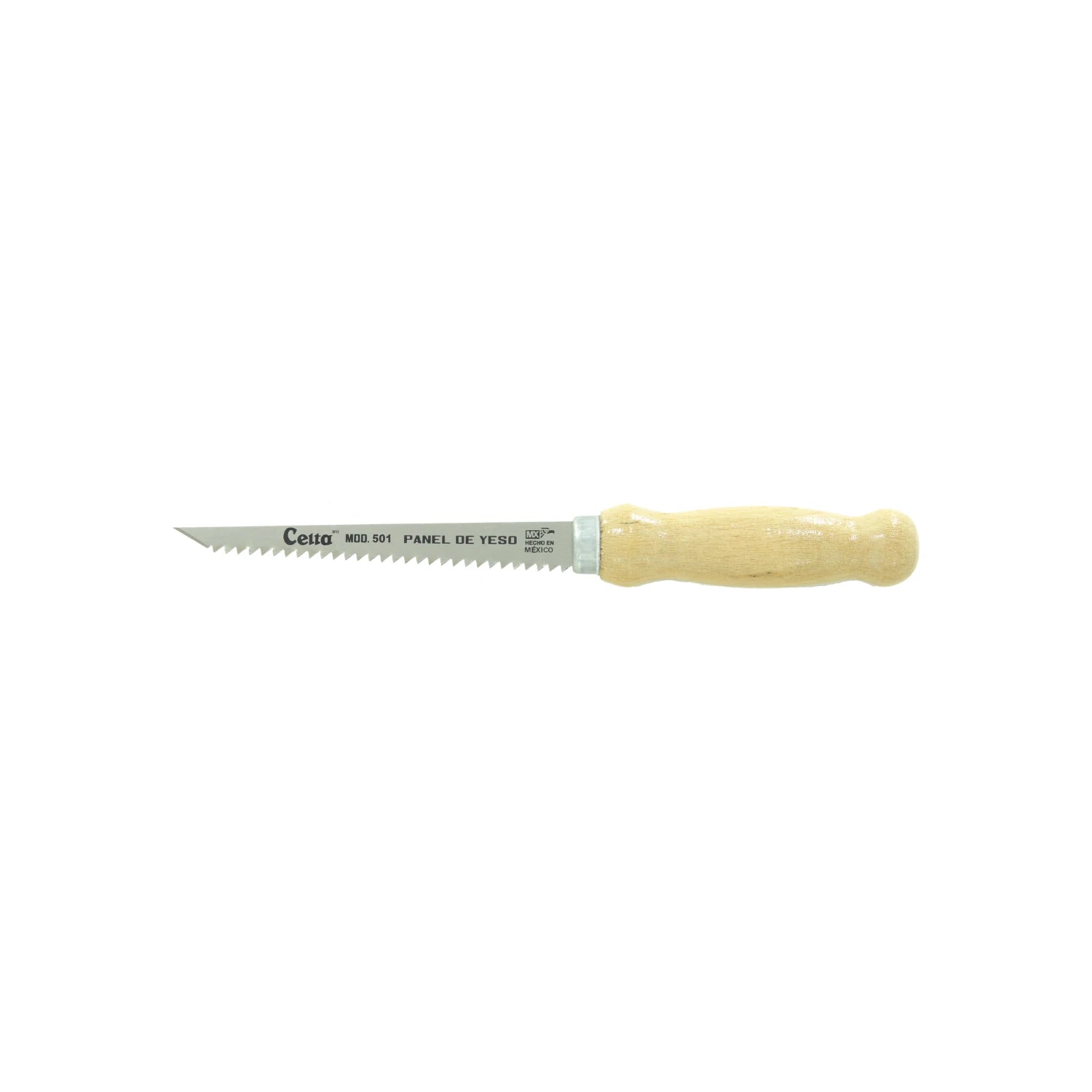 Serrote Celta 501 para tablaroca con hoja puntiaguda y mango de madera, ideal para cortes en yeso
