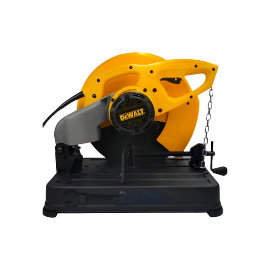 Cortadora de metal Dewalt amarilla 14 pulgadas con base negra y disco abrasivo