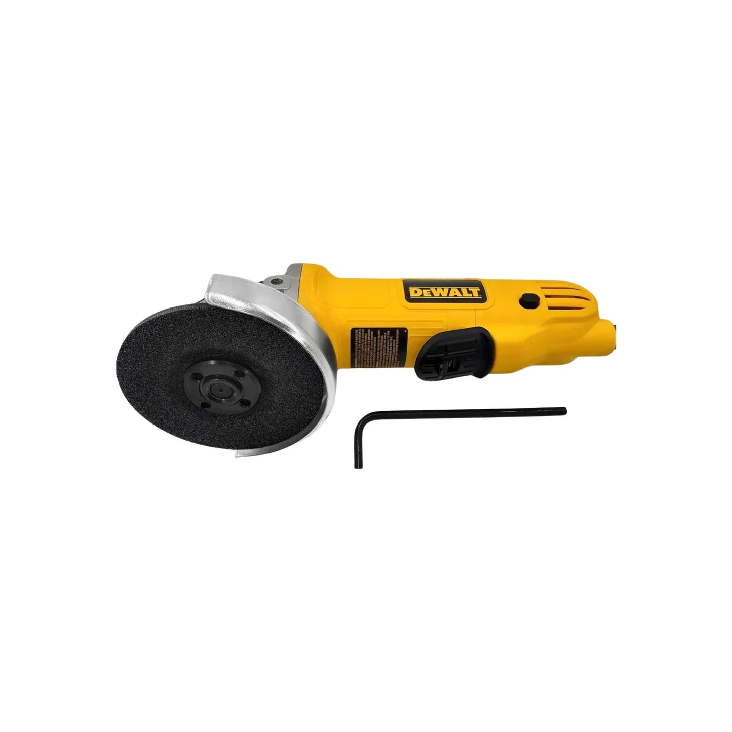 Esmeriladora angular Dewalt amarilla 4 1/2 pulgadas, 900W, con disco de corte y llave de ajuste.