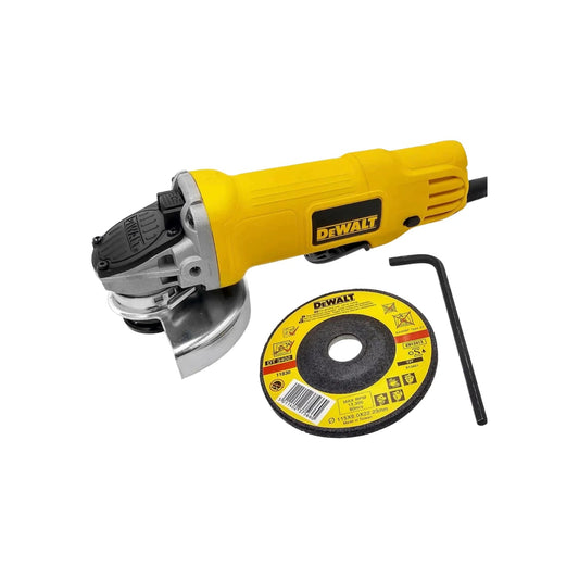 Esmeriladora angular Dewalt amarilla con disco de desbaste abrasivo y llave allen para trabajos en metal.