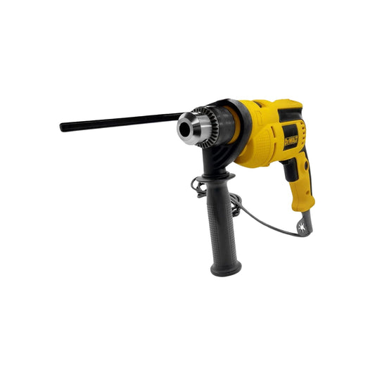 Rotomartillo eléctrico Dewalt amarillo/negro con mandril de 1/2 pulgada, mango auxiliar y varilla de profundidad.