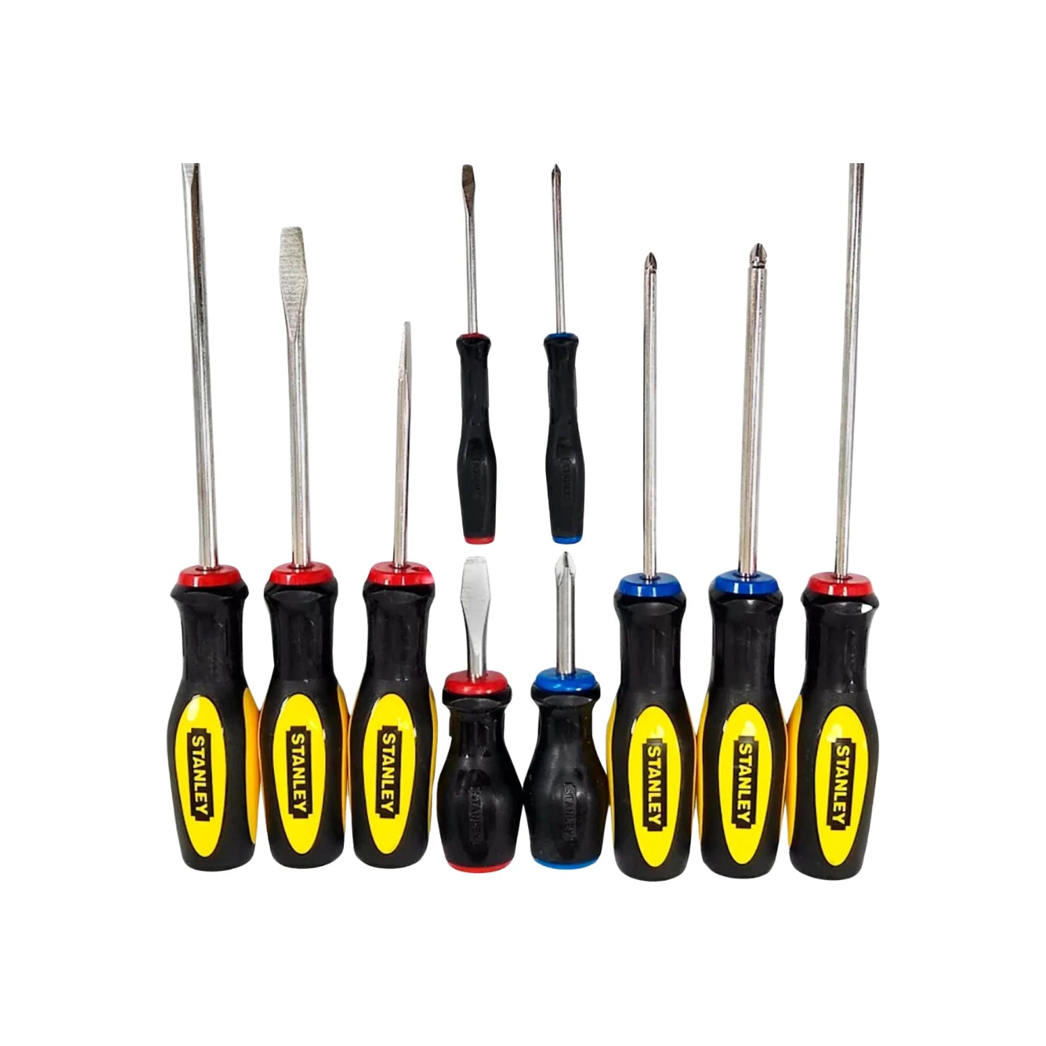 Juego de 10 desarmadores Stanley, puntas Phillips y planas, mangos ergonómicos negros y amarillos.