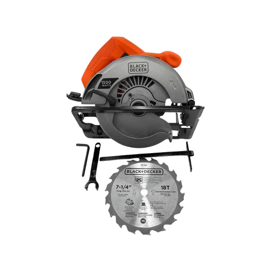 Sierra circular Black+Decker 1500W con disco 7-1/4" 18T, naranja y gris, para cortes rápidos.