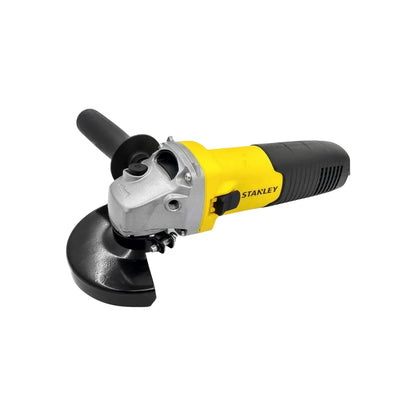 Esmeriladora angular eléctrica Stanley amarilla y negra con guarda de seguridad, herramienta de ferretería.