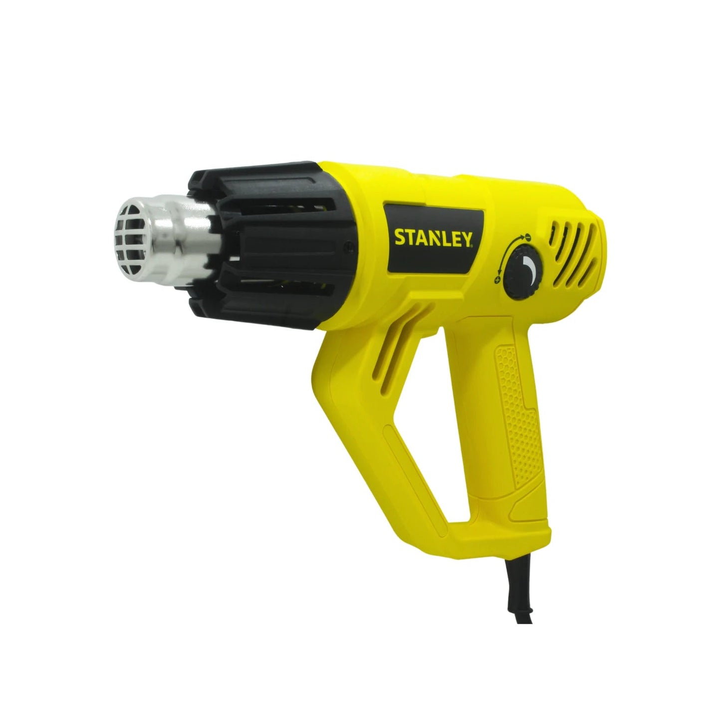 Pistola de calor Stanley amarilla 1800W con control de temperatura, ideal para decapar pintura y moldear.