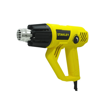 Pistola de calor Stanley amarilla 1800W con control de temperatura, ideal para decapar pintura y moldear.