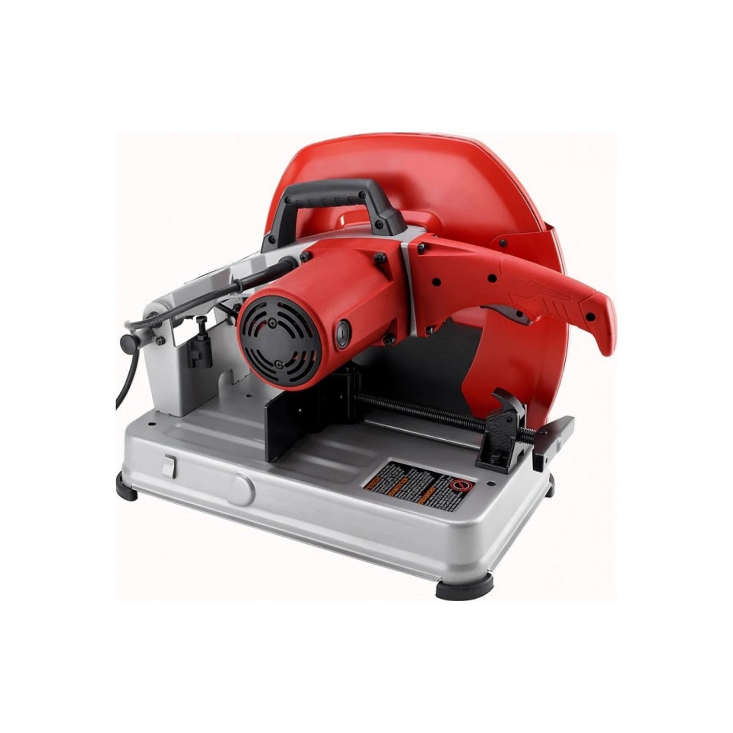 Cortadora de metal eléctrica roja y gris. Tronzadora de disco abrasivo con mordaza para taller.