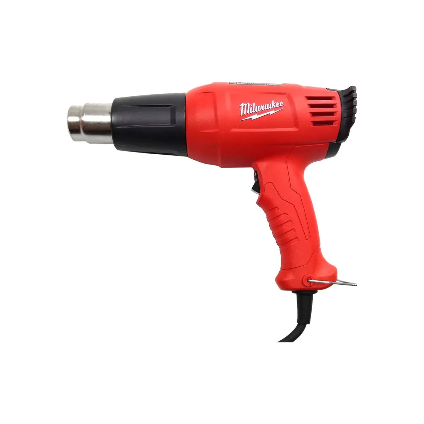 Pistola de calor Milwaukee roja y negra, herramienta eléctrica con boquilla metálica para decapar y moldear.
