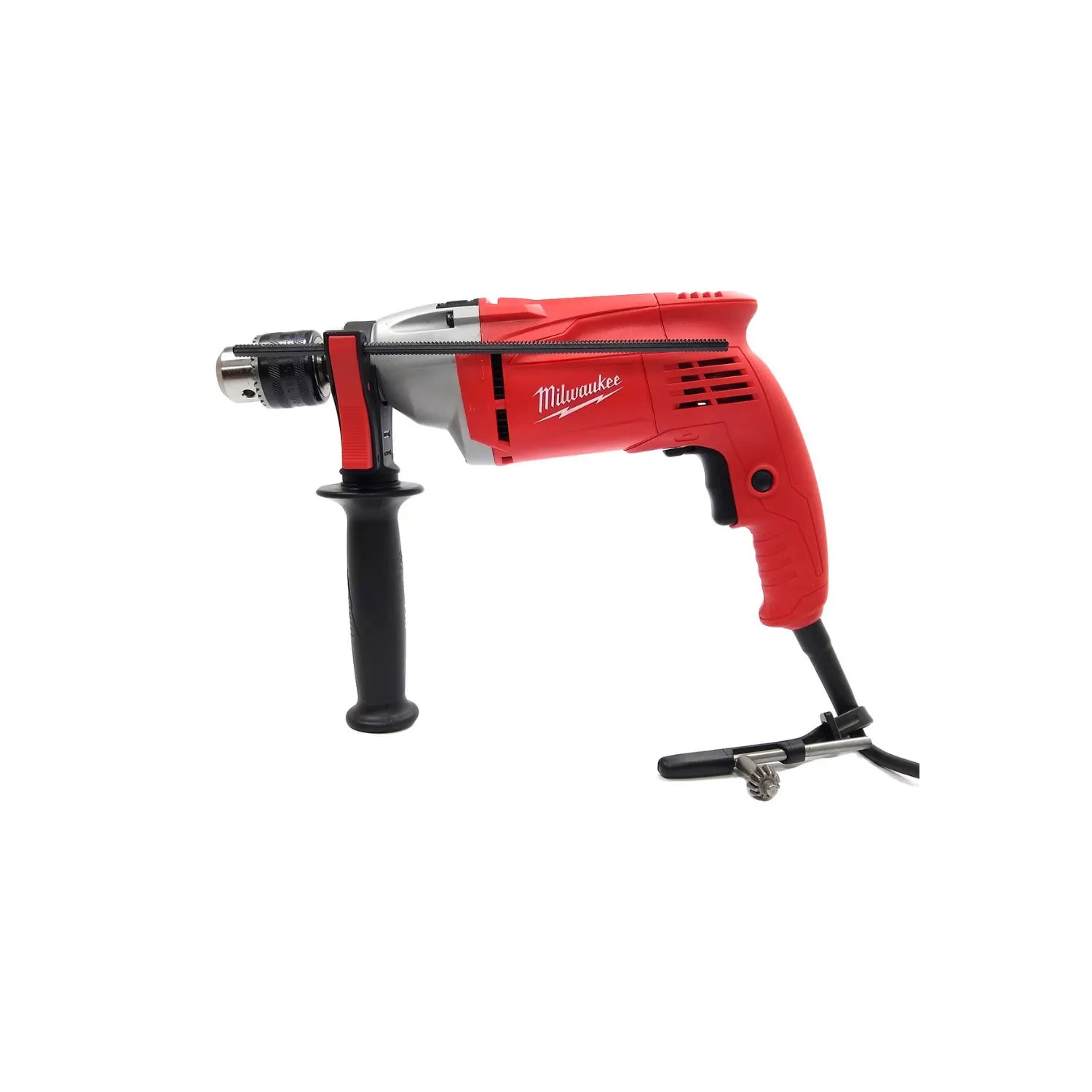 Rotomartillo percutor eléctrico Milwaukee rojo con chuck de 1/2", mango lateral y varilla de profundidad.