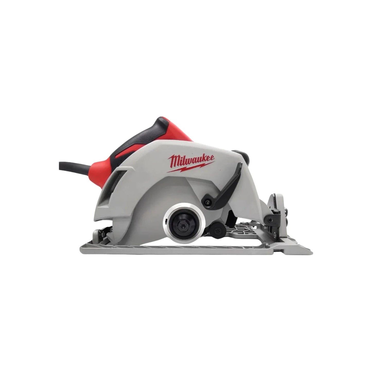 Sierra circular eléctrica Milwaukee gris y roja con base, ideal para cortes de madera y carpintería.