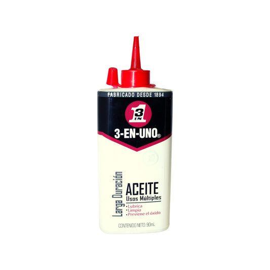 Aceite lubricante multiusos 3-EN-UNO 90ml. Lubrica, limpia y protege contra óxido.