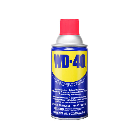 WD-40 aerosol lubricante multiusos 8 oz, lata azul y amarilla con tapa roja para herrería y mantenimiento