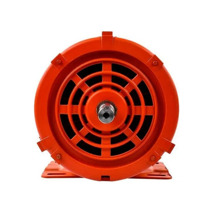 Motor eléctrico de inducción monofásico naranja con ventilador y eje, base de montaje.