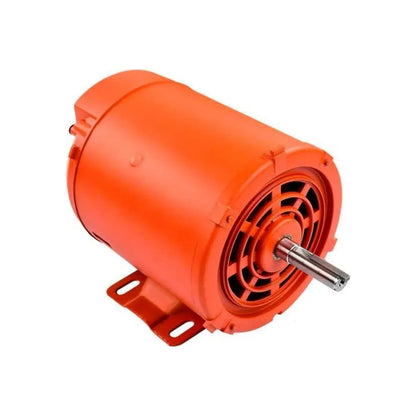 Motor eléctrico naranja para uso industrial con eje de salida ranurado y base de montaje reforzada