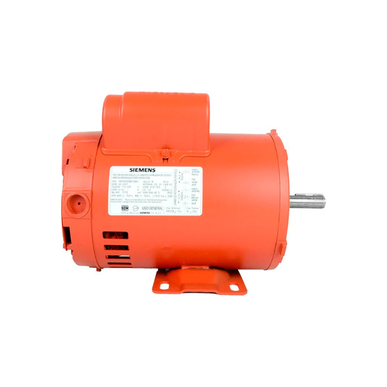Motor eléctrico Siemens monofásico naranja de 2.0 HP. Ideal para bombas, compresores o uso industrial general.