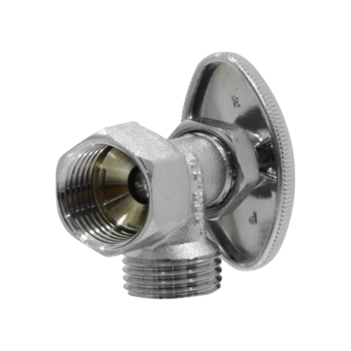 Llave angular cromada de 1/2" para plomería, válvula de cierre con rosca macho y hembra para agua.