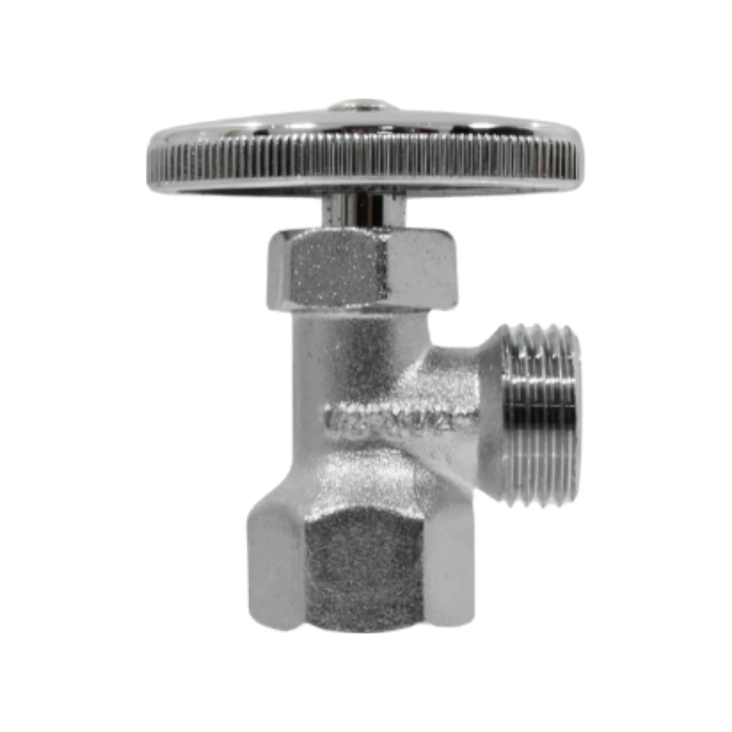 Llave angular de rosca 1/2 pulgada cromada con manija estriada para control de agua.