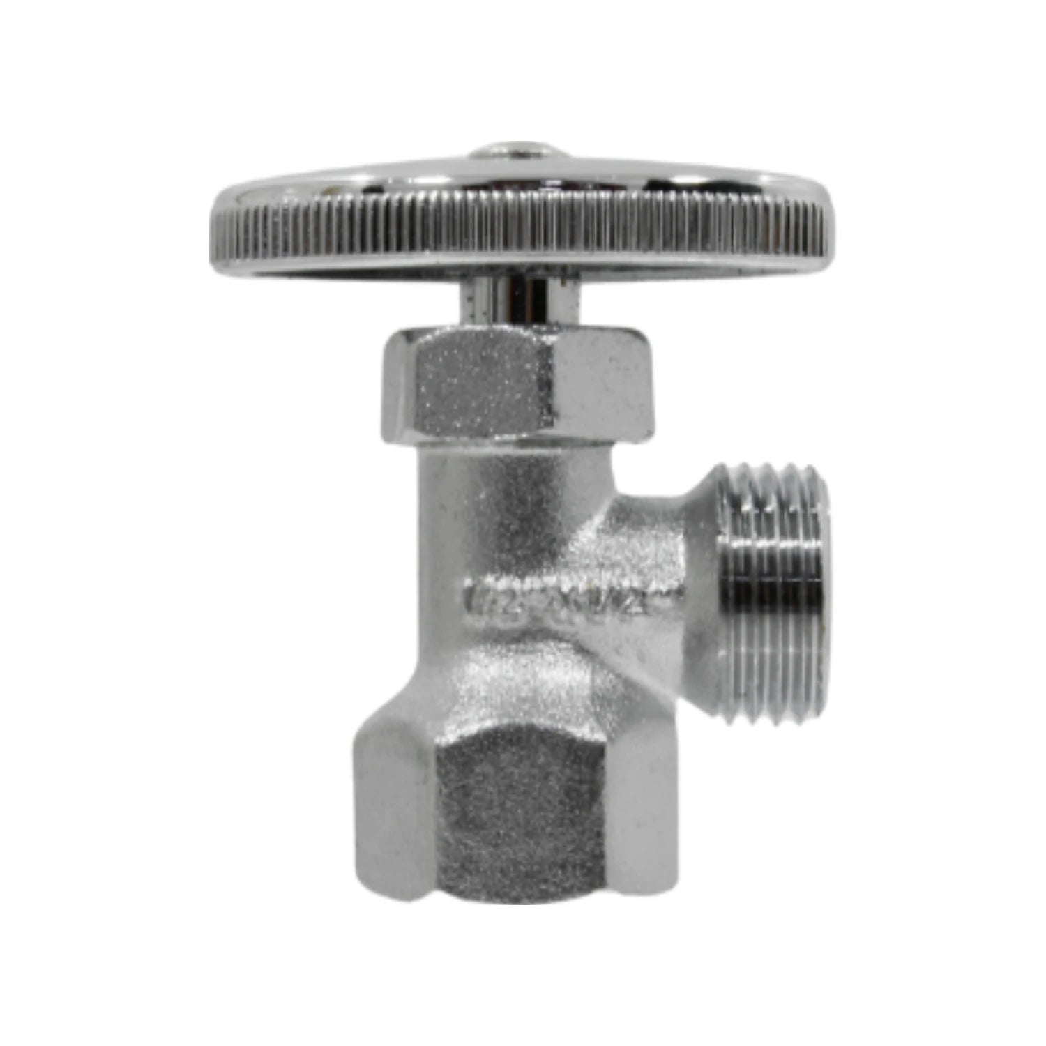 Llave angular de rosca 1/2 pulgada cromada con manija estriada para control de agua.