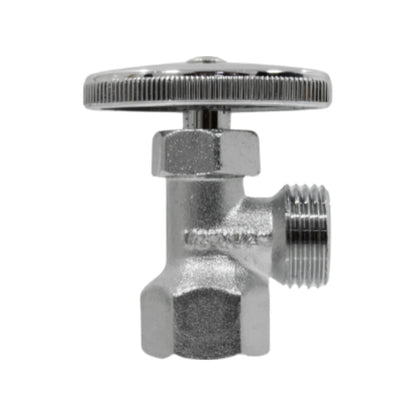 Llave angular de rosca 1/2 pulgada cromada con manija estriada para control de agua.