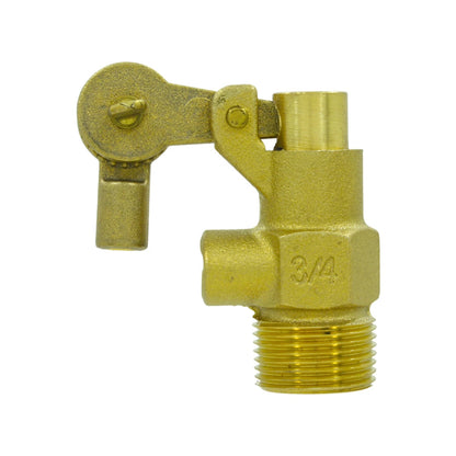 Válvula de flotador angular de latón 3/4" para tanque alto, rosca macho, palanca ajustable.